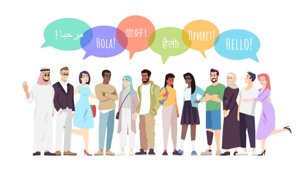 Comichaft gezeichnetes bunt gekleidetes interkulturelles Team, Sprechblasen in bunten Farben über den Köpfen mit dem Wort Hallo in den verschiedensten Sprachen
