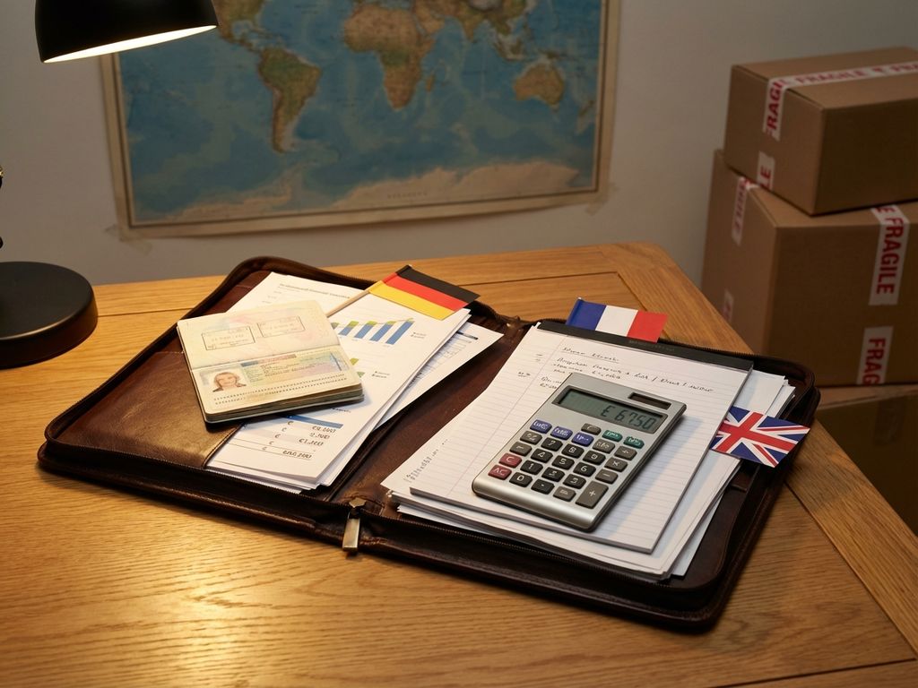 Offenes Lederportfolio auf Holzschreibtisch mit Auswanderungsdokumenten, Reisepass, Finanzunterlagen und Taschenrechner