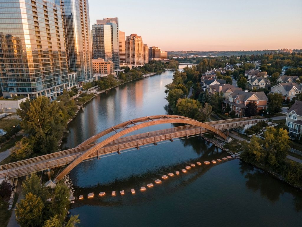 Elegante Holzbrücke verbindet moderne Wolkenkratzer mit Wohnviertel über ruhigem Fluss im goldenen Morgenlicht
