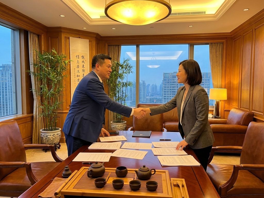 Two business professionals shaking hands across mahogany conference table with traditional Chinese tea set and bamboo plants