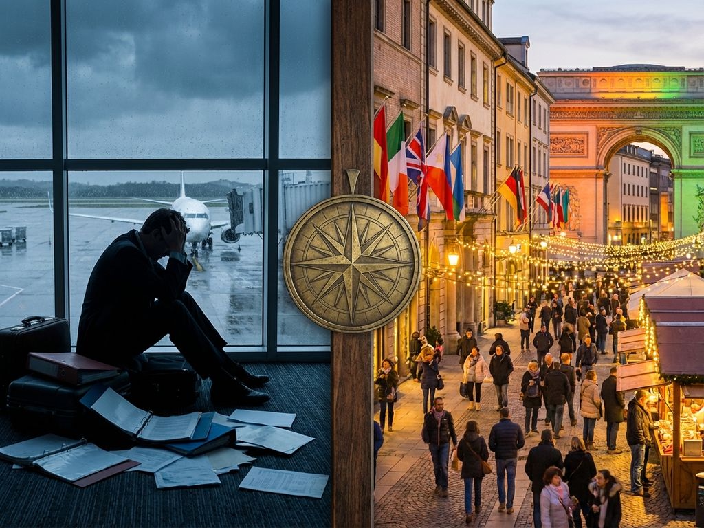 Geschäftsmann am Flughafen vs. erfolgreiche internationale Stadtintegration, getrennt durch Kompassrose
