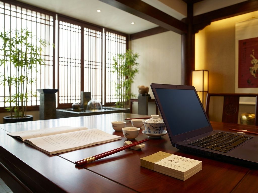 Mahogany boardroom table with Chinese tea ceremony setup, laptops, and business documents in modern office with traditional feng shui elements.