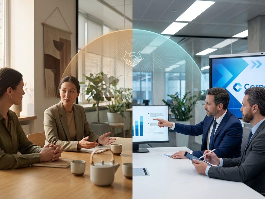 Split-screen showing high-context culture with gentle gestures and soft lighting versus low-context culture with direct pointing and bright lighting.