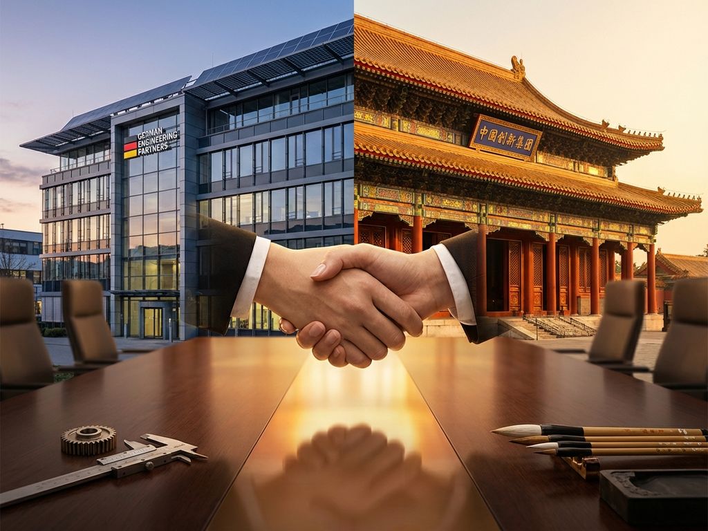 Geschäftsleute beim Händeschütteln zwischen deutscher und chinesischer Architektur, symbolisiert internationale Partnerschaft