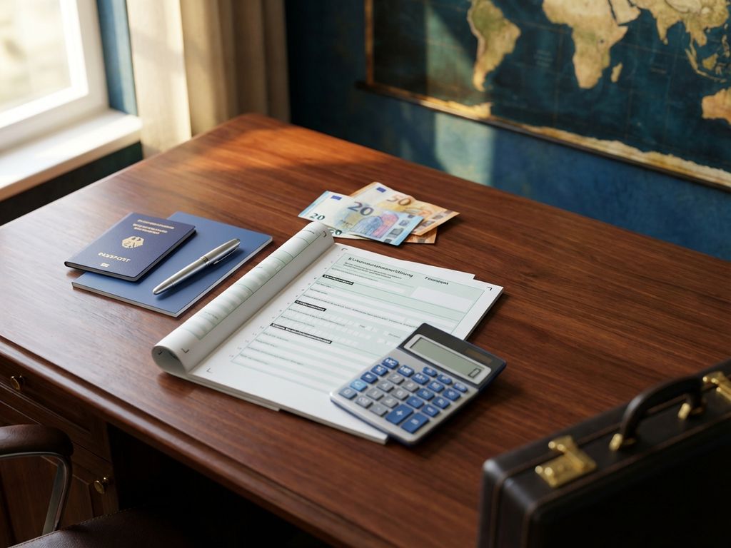 Deutsches Steuerformular auf Schreibtisch mit Taschenrechner, Euro-Scheinen, Reisepass und Koffer für internationale Steuern