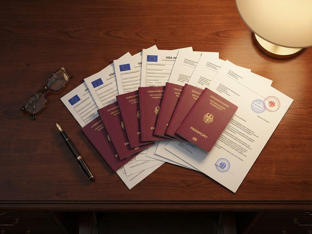 Deutsche Visa-Dokumente und Reisepässe fächerförmig auf Holzschreibtisch mit Füller und Brille angeordnet