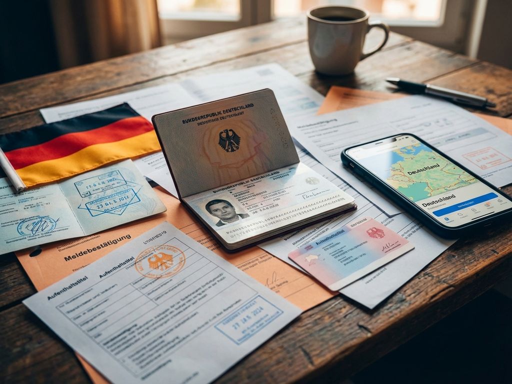 Deutscher Reisepass und Dokumente auf Schreibtisch mit Deutschland-Karte auf Smartphone für Einwanderung