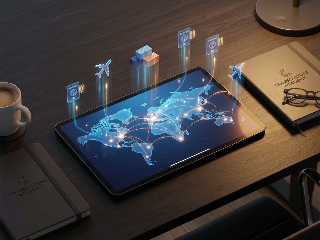 Digitales Tablet mit Weltkarte und Hologrammen von Flugzeugen und Containern auf modernem Bürotisch, Draufsicht