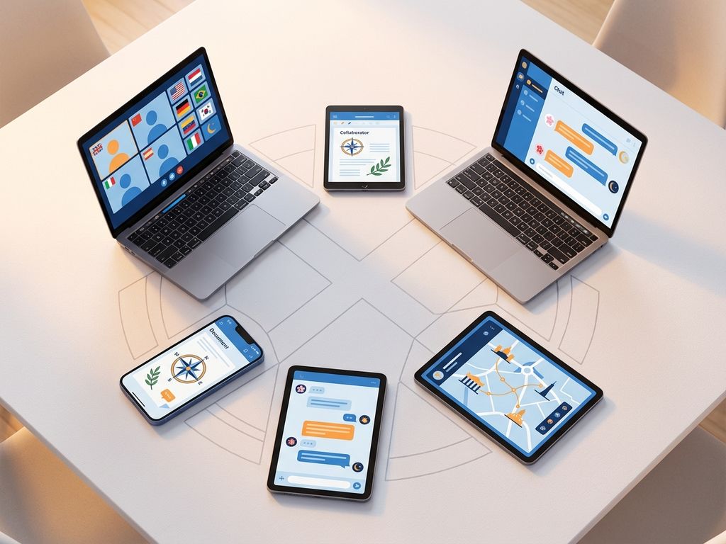 Sieben digitale Geräte in kreisförmiger Anordnung zeigen Kommunikationstools mit kulturellen Symbolen und Flaggen