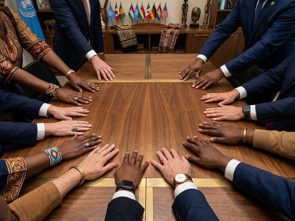 Diverse Hände verschiedener Ethnien erreichen gemeinsam die Mitte eines Konferenztisches in professioneller Zusammenarbeit.