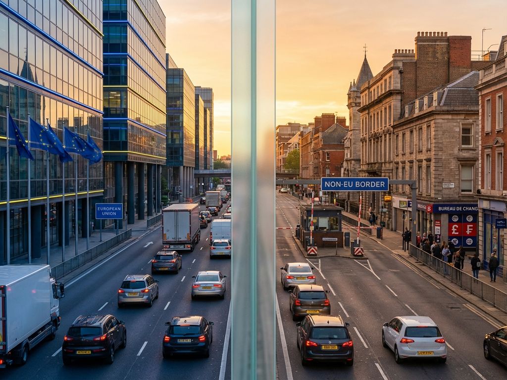 Geteilte europäische Landschaft: EU-Gebäude mit Flaggen links, Nicht-EU-Architektur mit Grenzkontrollen rechts