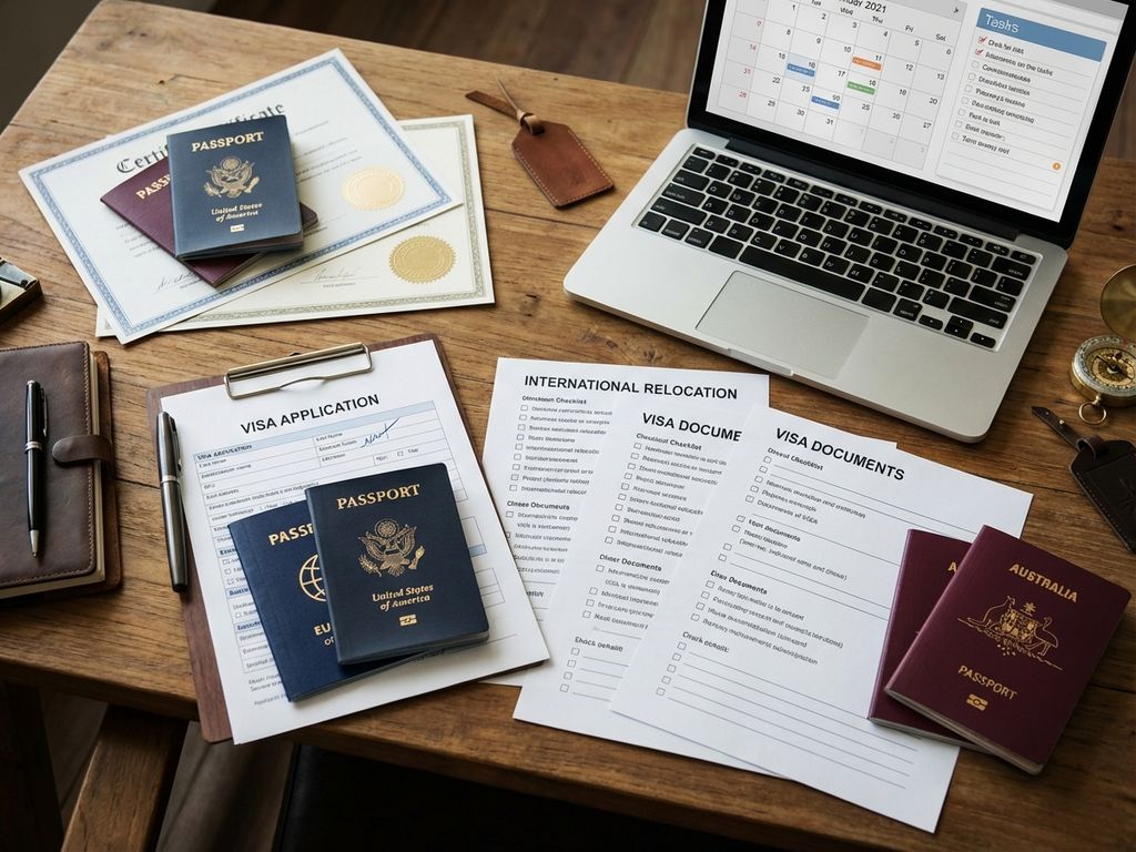 Schreibtisch mit Reisepässen, Visa-Anträgen, Zertifikaten und Laptop für Auswanderer-Dokumentenorganisation
