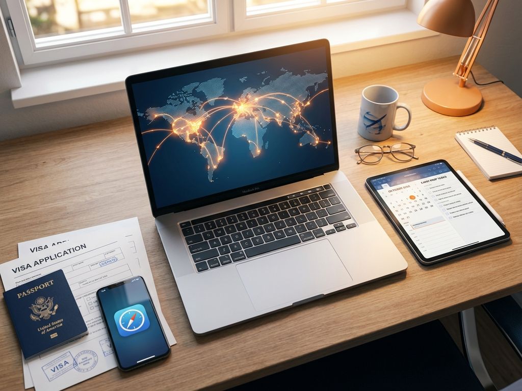 Laptop mit Weltkarte und leuchtenden Verbindungspunkten, umgeben von Reisepass, Visa-Papieren und Smartphone für Expat-Planung