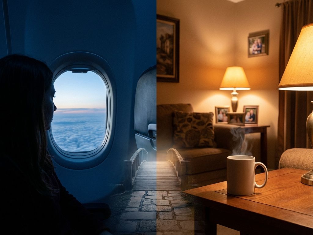 Person blickt aus Flugzeugfenster auf Wolken, verbunden durch symbolischen Pfad mit warmem Zuhause-Interieur