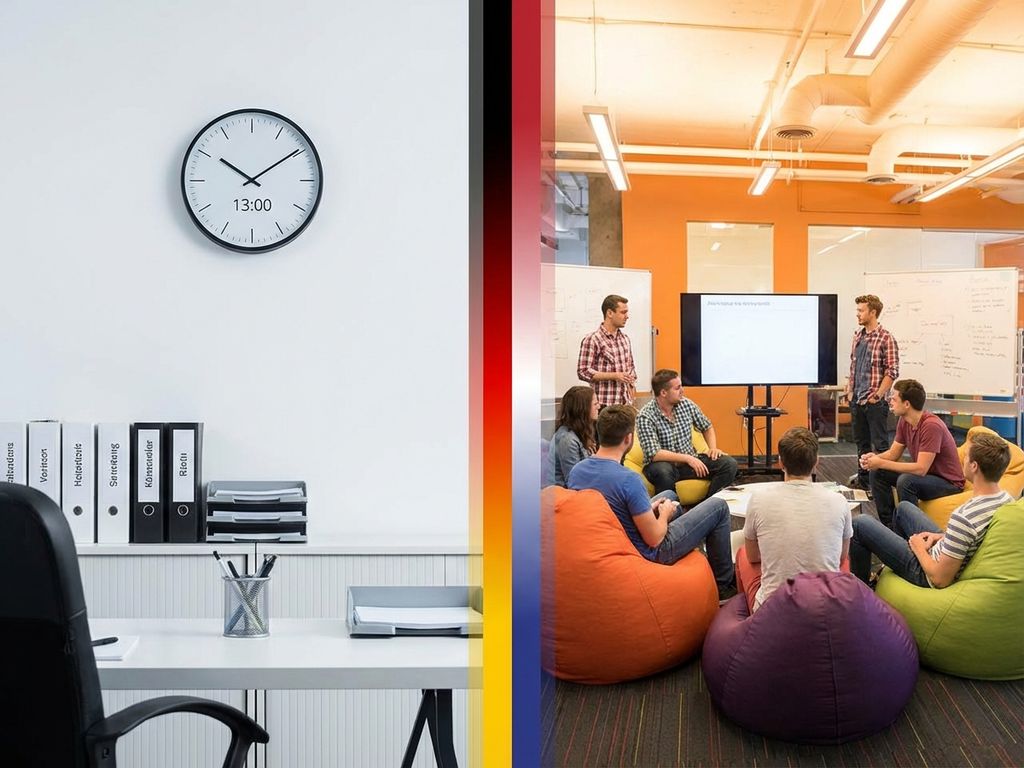 Split-screen office comparison: organized German workspace with neutral colors versus dynamic American office with vibrant collaborative spaces.