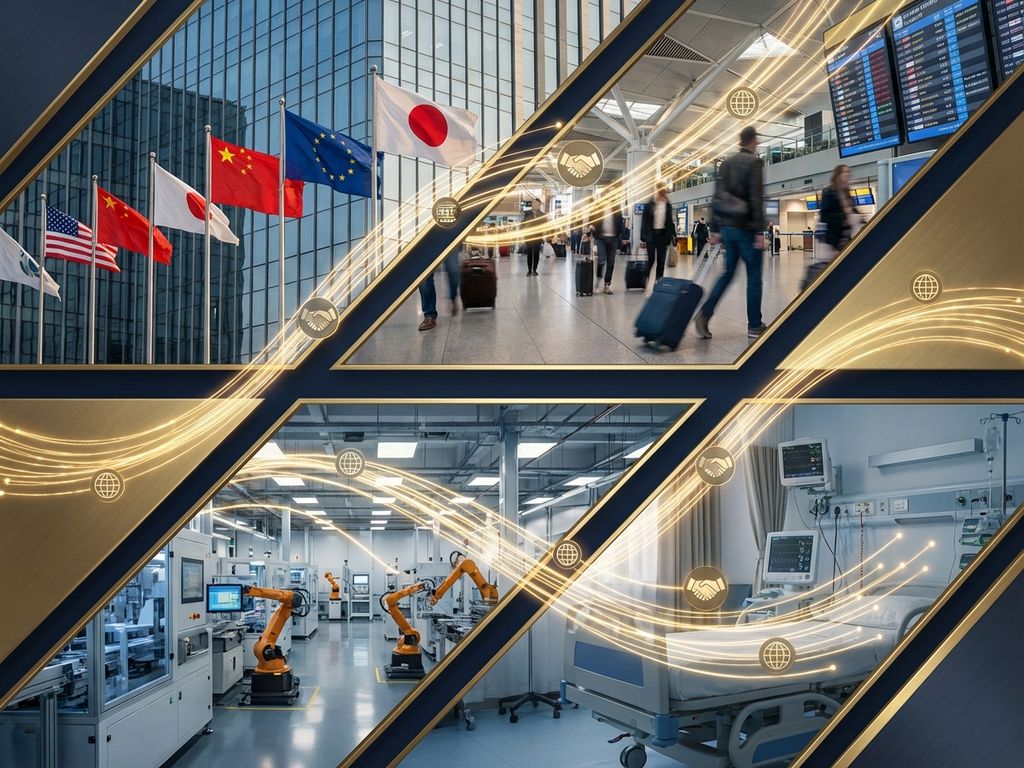 Vierteiliges Business-Panorama mit Bürogebäude, Flughafen, Produktionshalle und Krankenhaus, verbunden durch goldene Linien