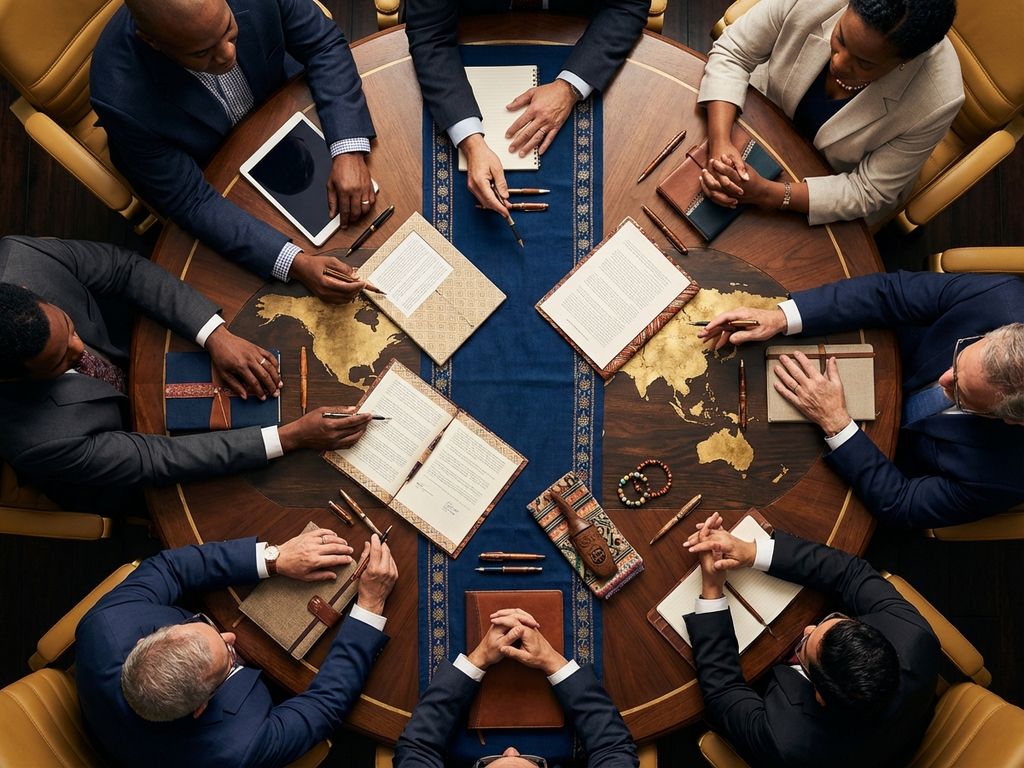 Diverse hands collaborating around circular conference table with documents, cultural business accessories, and world map elements in professional setting.