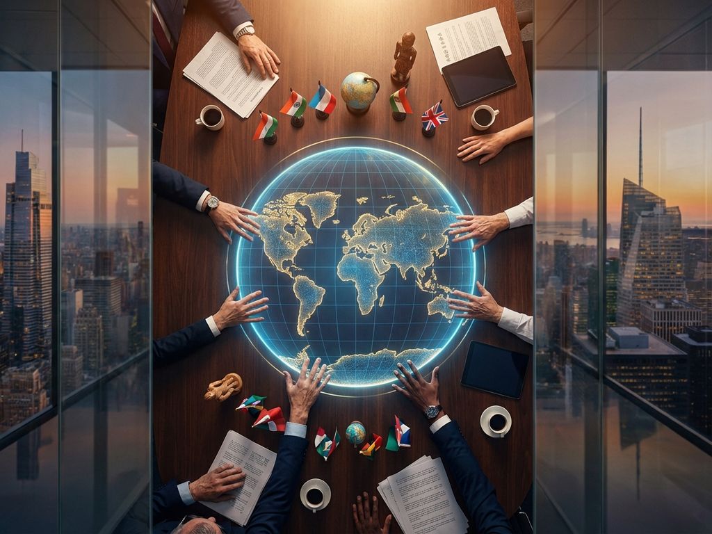 Diverse hands reaching toward glowing world map hologram on conference table with cultural artifacts and city skyline backdrop