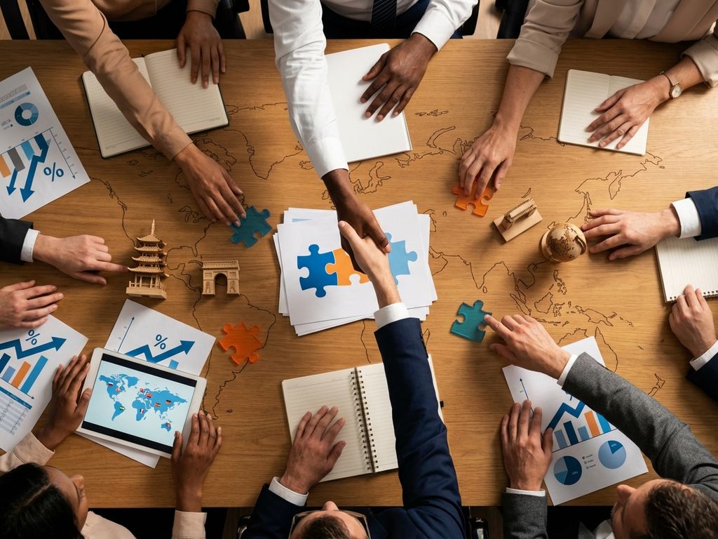 Diverse Hände bei Handschlag über Geschäftsdokumenten mit Weltkarte, Puzzleteilen und kulturellen Symbolen am Konferenztisch