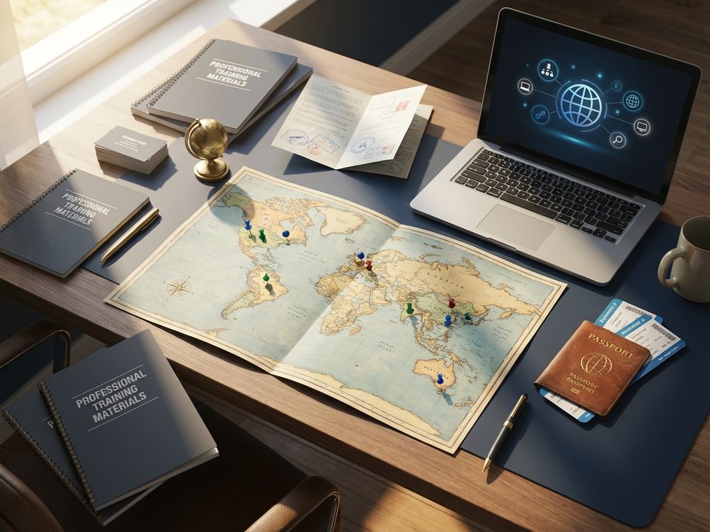 Moderner Bürotisch mit Weltkarte, Laptop, Reisepass und internationalen Geschäftsdokumenten für globale Mobilität