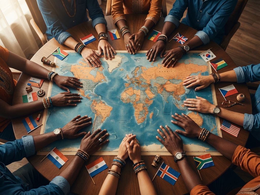 Diverse Hände verschiedener Ethnien bilden Kreis um Weltkarte auf Konferenztisch für globale Zusammenarbeit