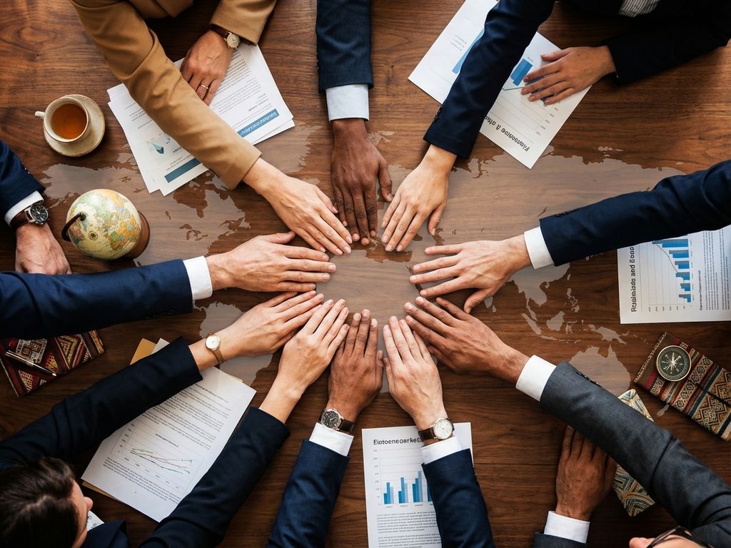 Diverse Hände verschiedener Ethnien erreichen gemeinsam die Mitte eines Konferenztisches mit internationalen Dokumenten