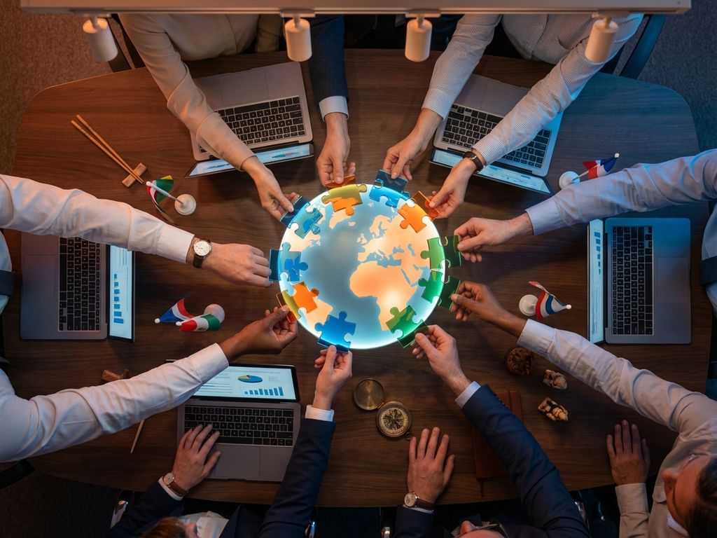 Diverse Hände fügen bunte Puzzleteile zu leuchtender Weltkugel auf modernem Konferenztisch mit Laptops und Flaggen zusammen