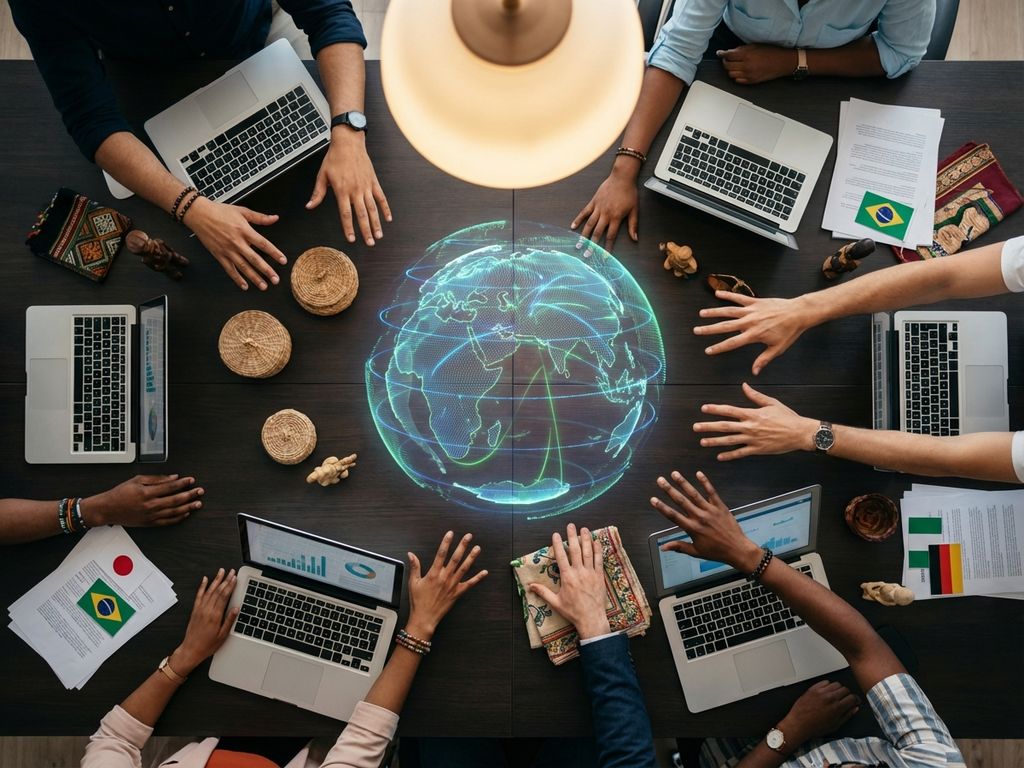 Diverse Hände greifen zu leuchtender digitaler Weltkugel über Konferenztisch mit Laptops und internationalen Dokumenten