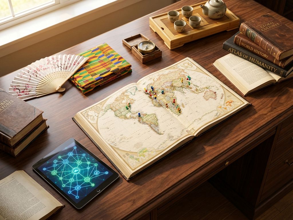 Holzschreibtisch von oben mit offenem Weltatlas, kulturellen Artefakten, Büchern und Tablet für globales Lernen