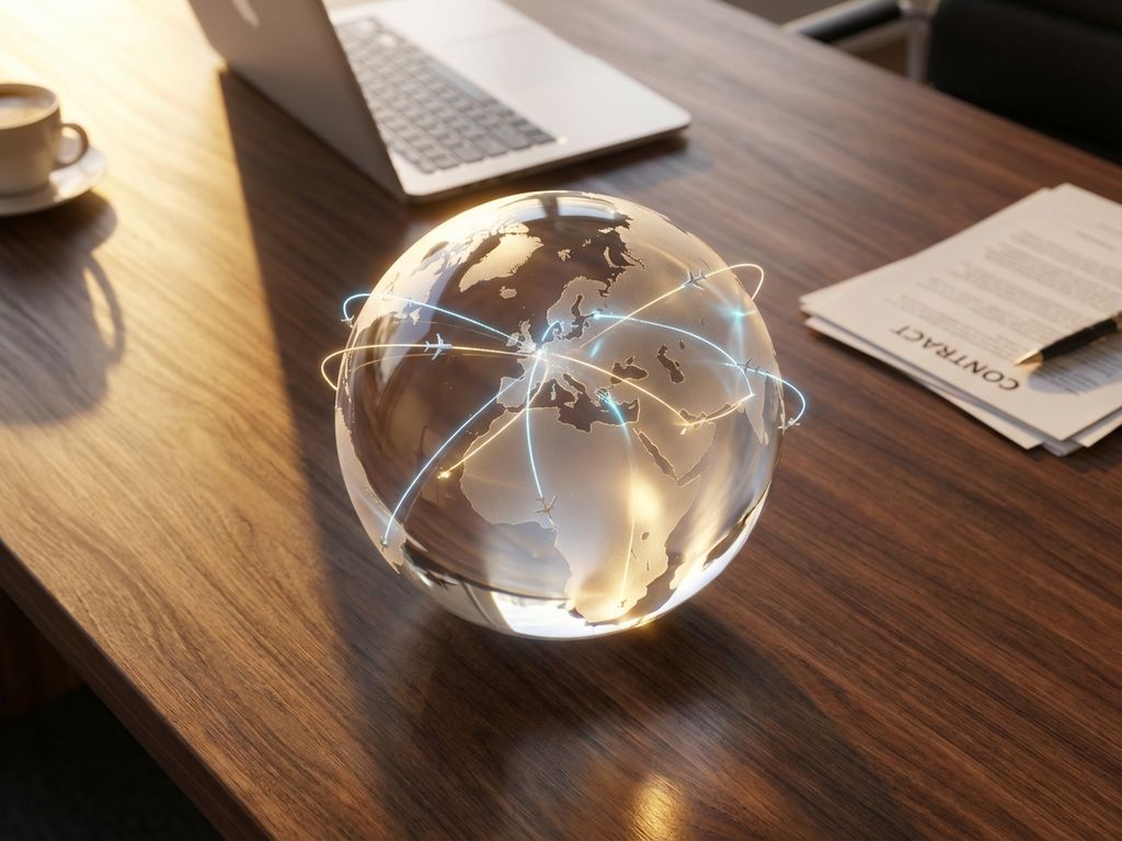 Glasglobus auf Holzschreibtisch mit Miniaturflugzeugen und Lichtspuren zwischen Kontinenten, Laptop im Hintergrund