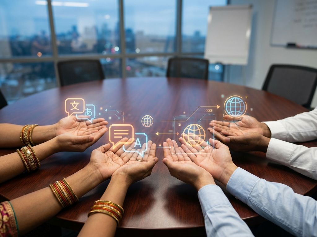Diverse Hände verschiedener Ethnien greifen über Konferenztisch mit holografischen Kommunikationssymbolen in modernem Schulungsraum