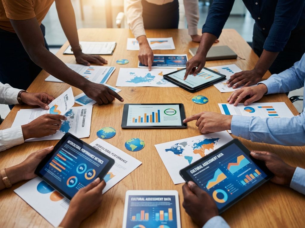 Diverse Hände arbeiten gemeinsam an Konferenztisch mit Leistungsdiagrammen und interkulturellen Bewertungstools