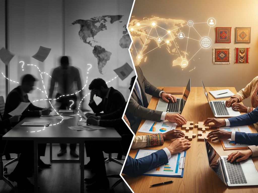 Geteilte Darstellung: chaotisches Büro mit verwirrten Geschäftsleuten links, harmonische interkulturelle Teamarbeit rechts