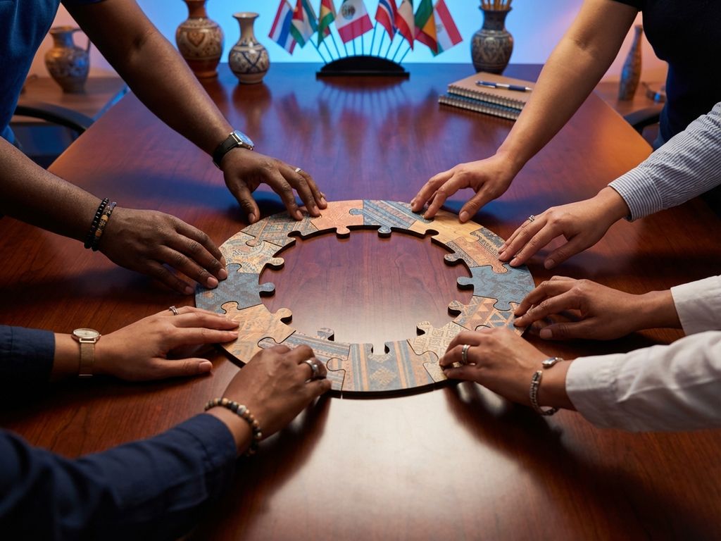 Diverse Hände fügen bunte Puzzleteile zu einem Kreis auf modernem Konferenztisch zusammen, Teamarbeit und Vielfalt