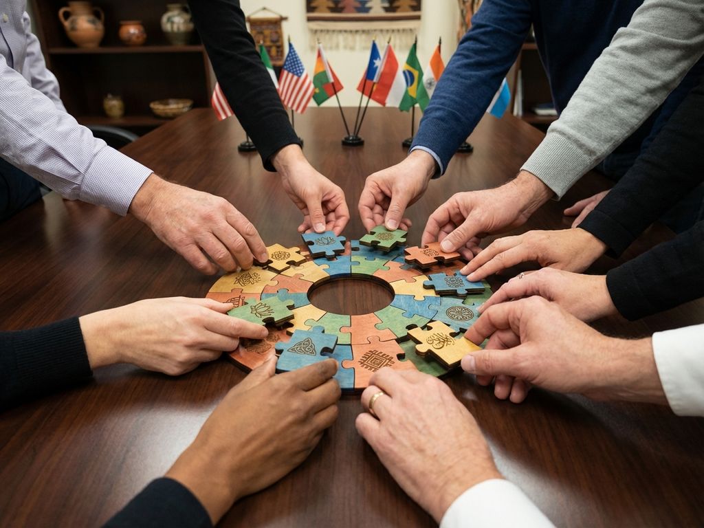 Diverse Hände fügen bunte Puzzleteile mit kulturellen Symbolen zu einem Kreis auf Konferenztisch zusammen