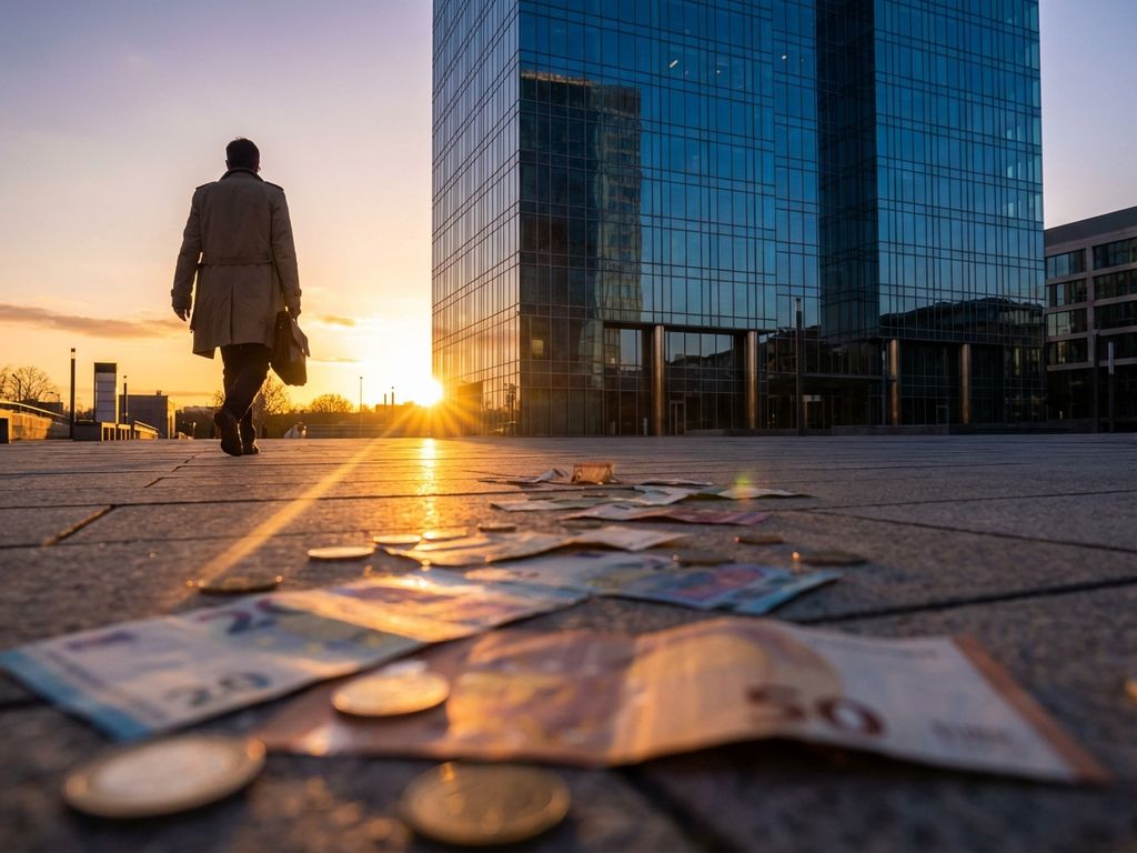 Geschäftsmann mit Koffer verlässt Bürogebäude, Euro-Geldscheine am Boden symbolisieren Verluste bei Auslandseinsatz