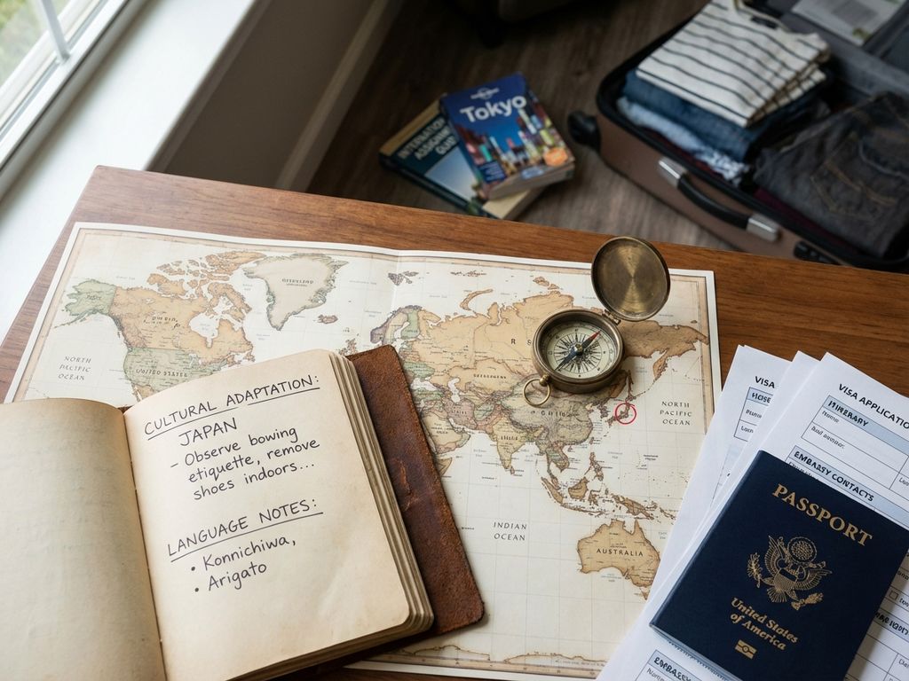 Schreibtisch mit offener Weltkarte, Reisepass, Kompass und Reisevorbereitungsunterlagen für internationale Aufträge
