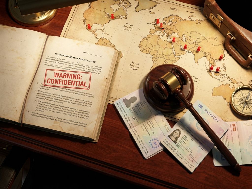Mahagoni-Schreibtisch mit Rechtsdokumenten, Weltkarte mit roten Markierungen, Richterhammer und Reisepässen für internationale Rechtsangelegenheiten