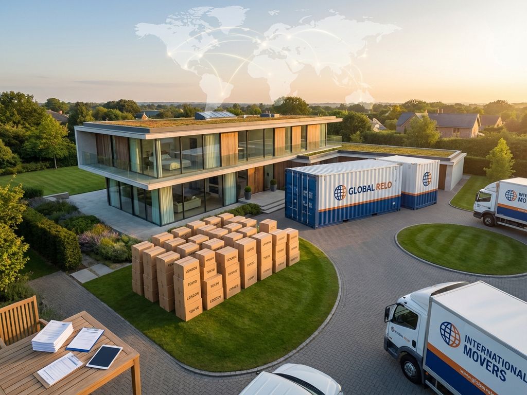 Luftaufnahme eines modernen Hauses mit Umzugskartons und internationalen Containern für Auslandsumzug