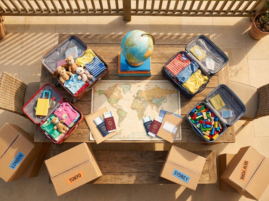 Luftaufnahme einer Familie beim Packen für internationalen Umzug mit Koffern, Weltkarte, Pässen und Umzugskartons