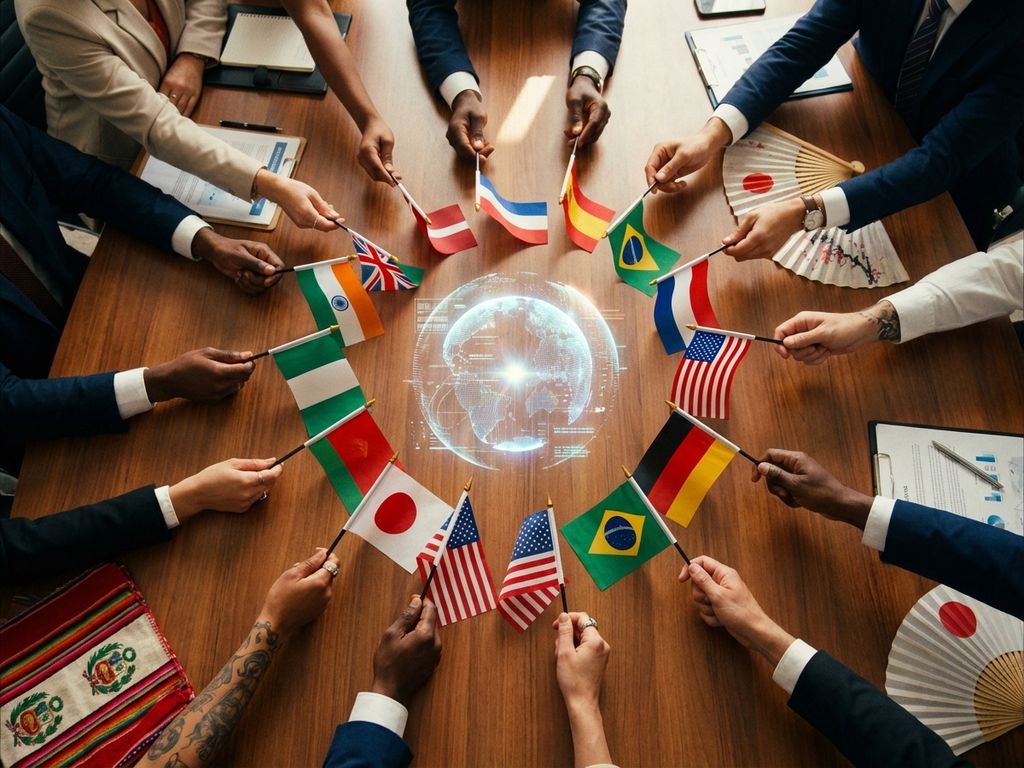 Diverse Hände halten Flaggen um digitalen Globus-Hologramm über Konferenztisch für internationale Zusammenarbeit