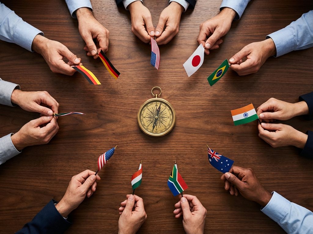 Diverse Hände verschiedener Ethnien halten internationale Flaggen um einen goldenen Kompass auf Holztisch