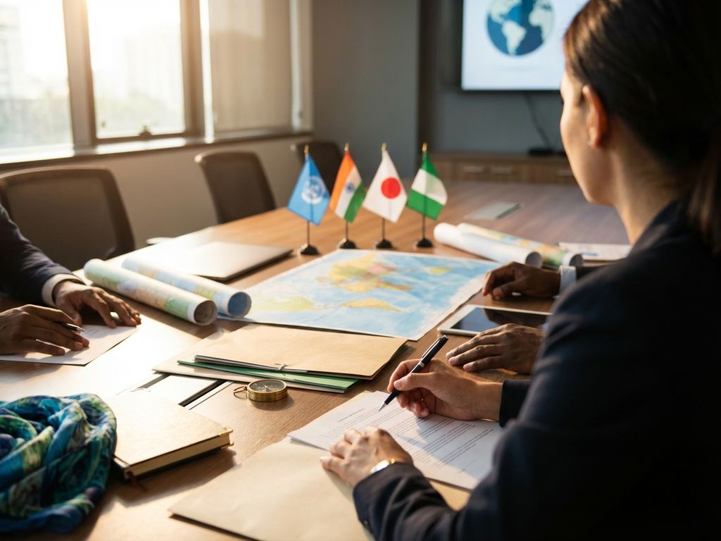 Diverse Hände um Konferenztisch mit Dokumenten, Weltkarte und kulturellen Symbolen in professionellem Interview-Setting