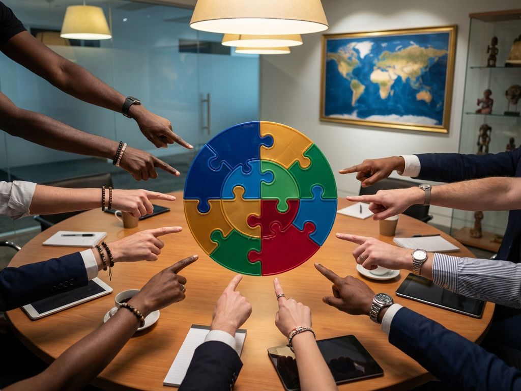 Diverse hands from multiple ethnicities pointing toward colorful puzzle pieces on modern conference table in office setting.