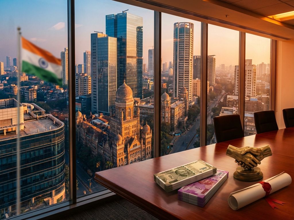 Mumbai business district skyline with conference table displaying rupee notes, documents, and golden handshake sculpture
