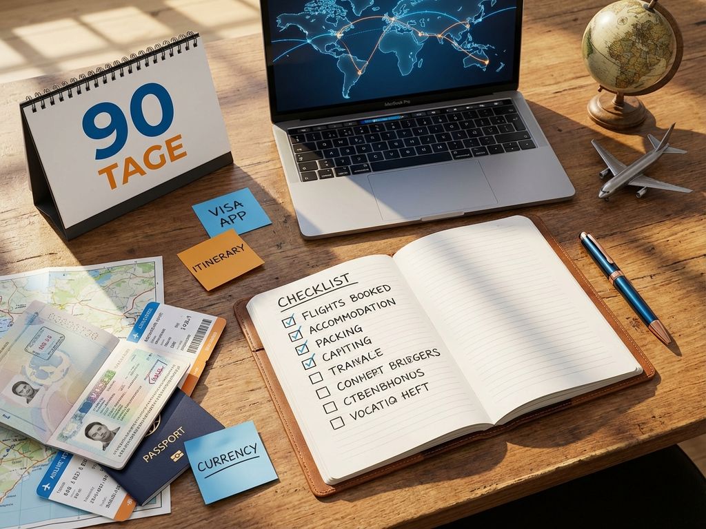 Schreibtisch von oben mit Checkliste, 90-Tage-Kalender, Laptop mit Weltkarte, Reisedokumenten und Notizen für Reiseplanung