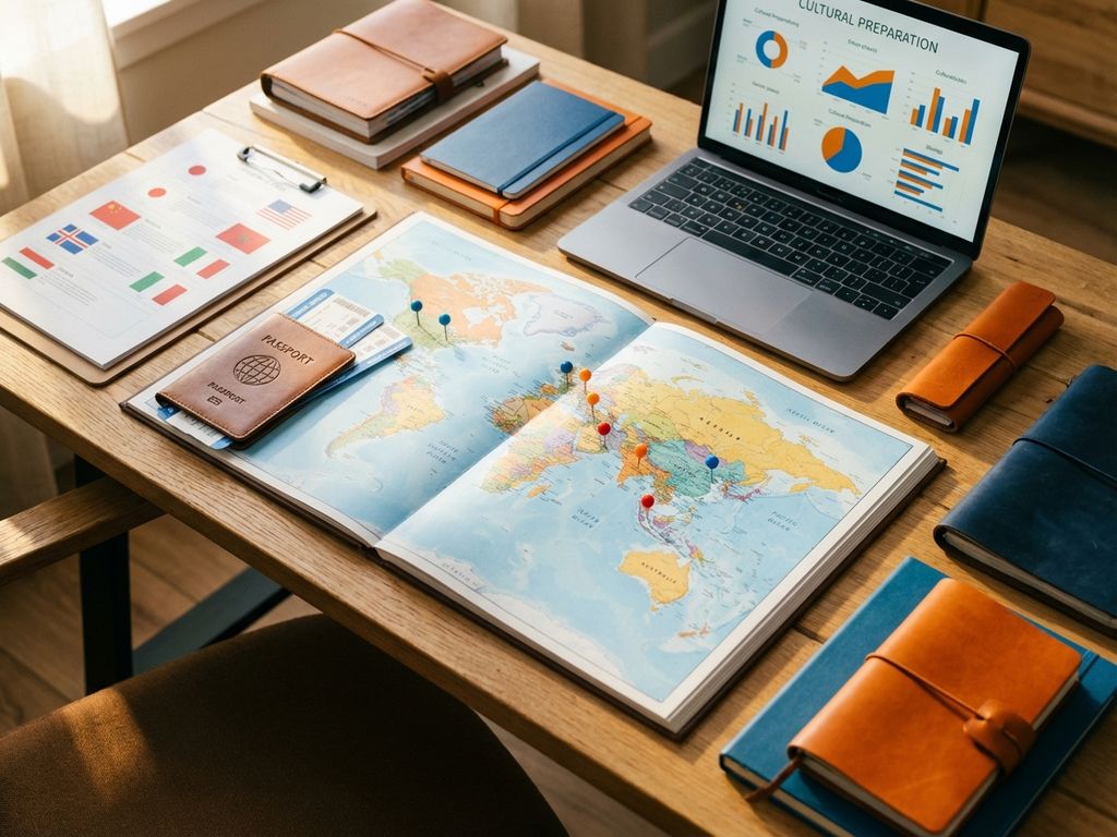 Schreibtisch mit offener Weltkarte, Reisepass, Laptop und Reisedokumenten für internationale Reiseplanung
