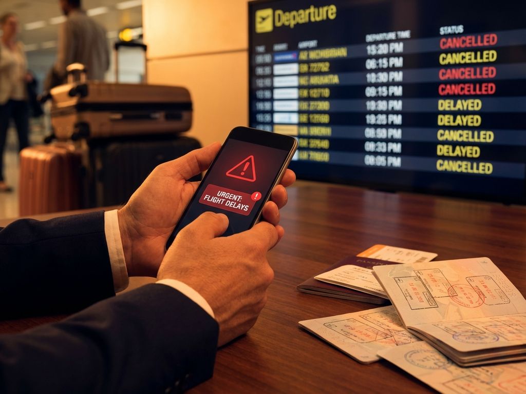 Geschäftsmann hält Smartphone mit rotem Warnsymbol vor unscharfem Flughafen-Abflugboard und Reisegepäck