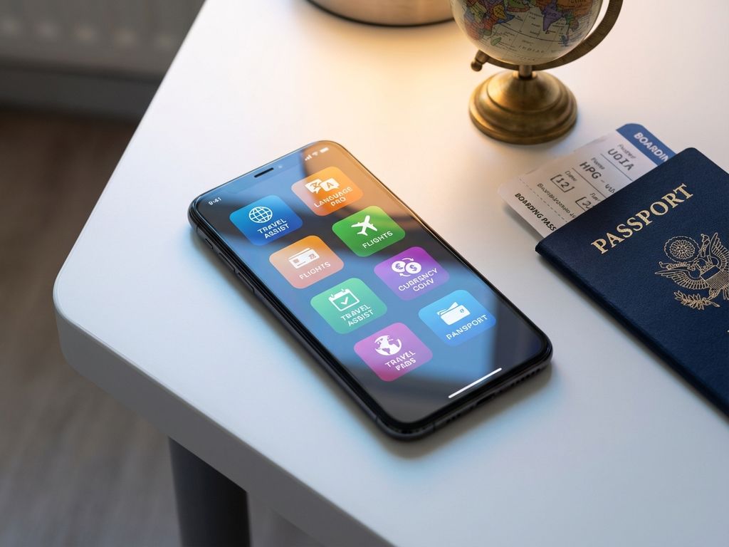 Smartphone mit bunten App-Icons auf weißem Schreibtisch, umgeben von Reisepass, Bordkarte und Globus für Geschäftsreisen
