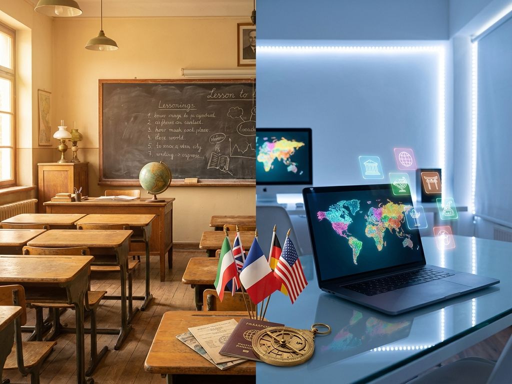 Geteilte Ansicht: traditionelles Klassenzimmer mit Holzpulten links, moderner digitaler Arbeitsplatz mit Laptop rechts